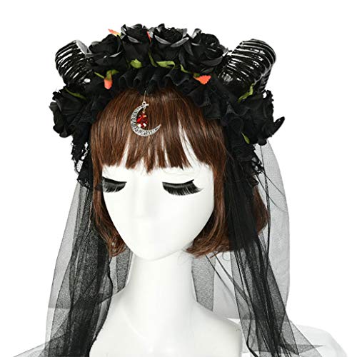 SANRLO Stirnbänder, Haarschmuck für Damen, Halloween-Haarband, Schafhorn, Rose, Krone, Netzschleier, Mond-Anhänger, Haarreifen von SANRLO