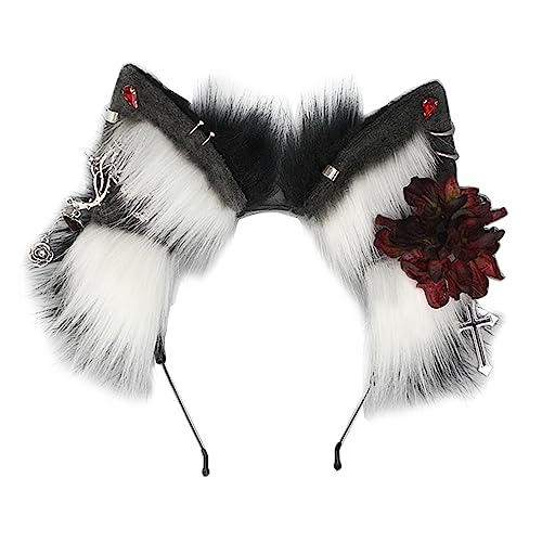 SANRLO Stirnbänder, Haarschmuck für Damen, Punk-Wolf-Ohr-Form, Stirnband mit Blume und Ohrringen, Haarreifen für Erwachsene, Cosplay, Live-Übertragung, Halloween, Party, Kopfschmuck von SANRLO