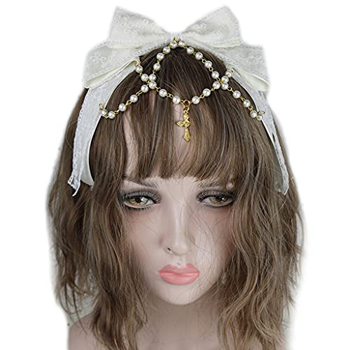 SANRLO Stirnbänder, Haarschmuck für Damen, Spitzenschleifen, Kopfschmuck, mehrschichtige Spitzenschleife mit Perlenkette, große Schleife, Stirnband, Dienstmädchen, Anime-Haarschmuck von SANRLO