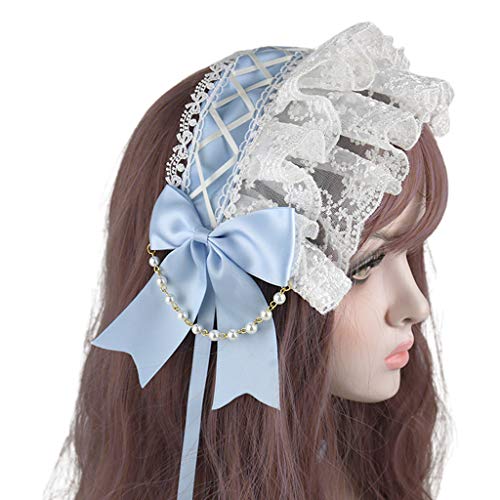 SANRLO Stirnbänder, Haarschmuck für Damen, gerüschtes Spitzen-Stirnband, japanischer Stil, überkreuzte Schleife, Dienstmädchen-Haarband, Perlenkette, Cosplay-Haarschmuck von SANRLO