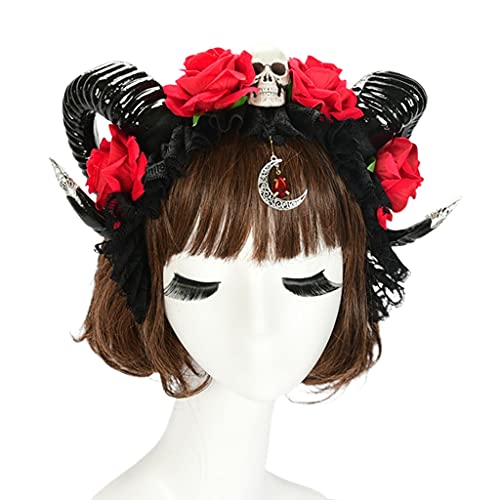 SANRLO Stirnbänder, Haarschmuck für Damen, handgefertigt, Halloween-Haarreifen, Ochsenhorn, Stirnband, Gothic-Blume, Totenkopf, Kopfschmuck, Rosenhorn, Stirnbänder, Cosplay-Haarschmuck von SANRLO