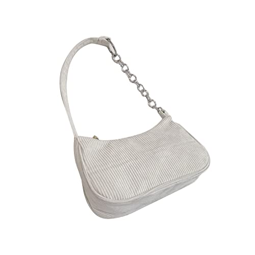 Schlichte Unterarmtasche aus Kordsamt, gestreift, Schultertasche mit Reißverschluss, All-Match-Tasche für Shopping, Reisen, Weiß#Kettenriemen Schlichte Unterarmtasche aus Kordsamt, gestreift, Schultertasche mit Reißverschluss, All-Match-Tasche für Shopping, Reisen, Weiß#Kettenriemen von SANRLO