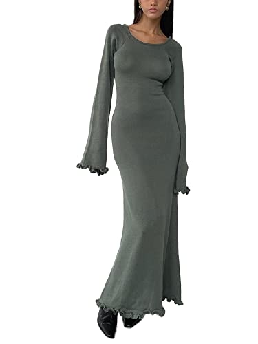 SANSIWU Geripptes Strick-Maxikleid für Damen, langärmelig, V-Ausschnitt, schmale Passform, Bleistiftkleid, langes Kleid, figurbetontes Partykleid, Y2K, Streetwear, A-Grau, Grün, Medium SANSIWU Geripptes Strick-Maxikleid für Damen, langärmelig, V-Ausschnitt, schmale Passform, Bleistiftkleid, langes Kleid, figurbetontes Partykleid, Y2K, Streetwear, A-Grau, Grün, Medium von SANSIWU