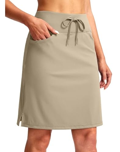 SANTINY Damen Knielange Skorts Röcke 6 Taschen hohe Taille Kordelzug Lang Athletic Tennis Golf Rock Damen, Dusty Khaki, XX-Large von SANTINY