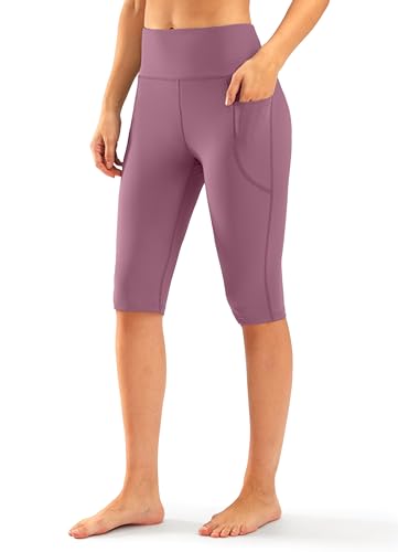 SANTINY Knielange Capri-Leggings für Damen, mit Taschen, hohe Taille, Workout, Übung, Yoga, Caprihose für Damen, rosa - dusty pink, 3X-Groß von SANTINY