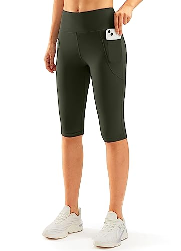 SANTINY Knielange Capri-Leggings für Damen, mit Taschen, hohe Taille, Workout, Yoga, Caprihose für Frauen, Oliv/Blatt für mich (Leaf It to Me), Groß von SANTINY