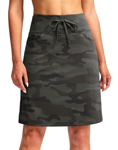 SANTINY Modest Knielange Skorts Röcke für Damen Tennis Athletic Golf Skort mit Taschen UV-Schutz hohe Taille, Grün, Camouflage, Mittel von SANTINY