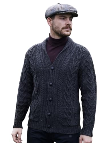 100% Merinowolle Herren Aran Cable Irisch Schal Kragen Strickjacke (Holzkohle, Medium) von SAOL