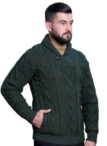 SAOL Herren Pullover mit Schalkragen 100% Merinowolle mit Taschen und einem Knopf Armeegrün, Medium von SAOL