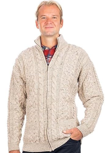 SAOL 100% Merinowolle Aran Strickjacke mit Reißverschluss und Zopfmuster für Herren (Haferflocken, Medium) von SAOL