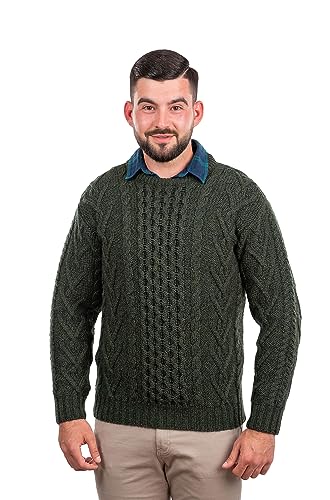 SAOL 100% Merinowolle Herren Aran Pullover mit Rundhalsausschnitt Kragen, Armeegrün, L von SAOL