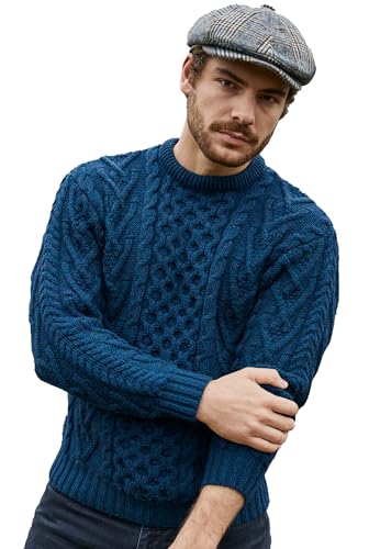 SAOL 100% Merinowolle Herren Aran Pullover mit Rundhalsausschnitt Kragen, L, Ozeanblau von SAOL