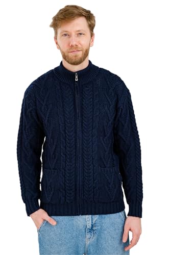 SAOL 100% Irische Merinowolle Herren Reißverschluss Zopfstrick Winter Warm Cardigan Pullover mit Taschen - blau - XXX-Large SAOL 100% Irische Merinowolle Herren Reißverschluss Zopfstrick Winter Warm Cardigan Pullover mit Taschen - blau - XXX-Large von SAOL