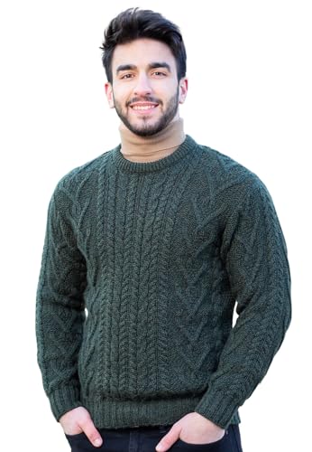 SAOL 100% Merinowolle Traditioneller Herren Aran Pullover mit Rundhalsausschnitt, in Natur/Holzkohle/Armeegrün, Armeegrün, L von SAOL