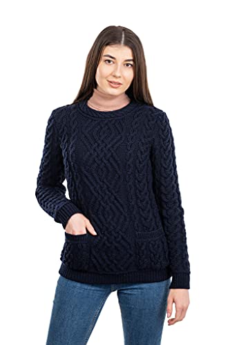 SAOL Zopfmusterpullover aus 100% Merinowolle mit Rundhalsausschnitt, Irish Aran, Damen, mit Taschen in Grau/Natur/Marineblau (Navy, Large) von SAOL