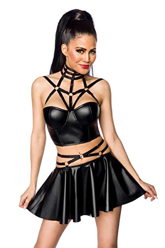 Harness Wetlook Dessous Set aus Corsagen Top BH und ausgestelltem Mini-Rock in schwarz elastisch M/L von SARESIA