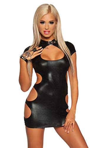 SARESIA Schwarzes erotisches Frauen Dessous Gogo Wetlook-Minikleid mit Cutouts und Stehkragen S von SARESIA