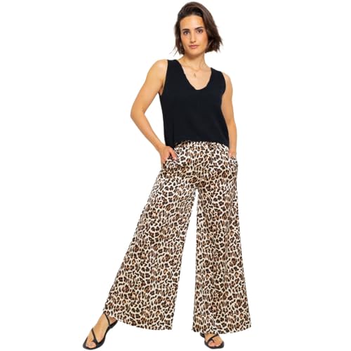 SASSYCLASSY Leoparden Hose Damen aus fließendem Stoff mit verdeckter elastischer Taille | Leopardenmuster Stoffhose Damen | Leopard Print Sommerhose Damen leicht | Größe L von SASSYCLASSY