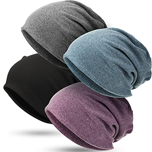 4 Stück Slouchy Beanie Mütze Baggy Skull Schlafmütze Stretch Knit Schlafmütze Kopfbedeckung Kopfwickel Kappe für Männer Frauen, Lila, Dunkelgrau, Schwarz, Hellblau, Einheitsgröße von SATINIOR