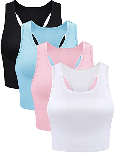 4 Stücke Frauen Baumwolle Basic Ärmelloses Racerback Tank Top Camisole Sport Crop Top für Tägliches Tragen (Schwarz, Weiß, Hellblau, Rosa, Klein) von SATINIOR