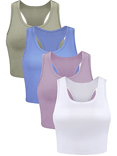 4 Stücke Frauen Baumwolle Basic Ärmelloses Racerback Tank Top Camisole Sport Crop Top für Tägliches Tragen (Schwarz, Weiß, Hellgrau, Nackt, Mittel) von SATINIOR