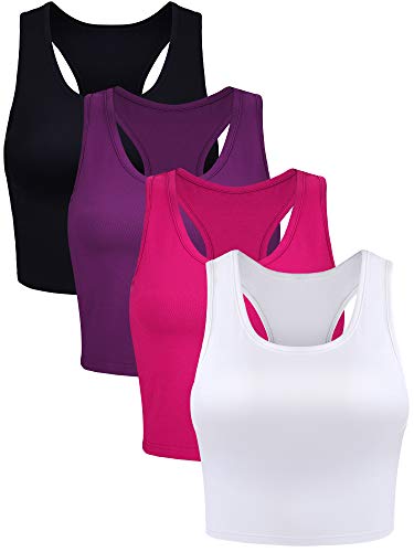 4 Stücke Frauen Baumwolle Basic Ärmelloses Racerback Tank Top Camisole Sport Crop Top für Tägliches Tragen (Schwarz, Weiß, Rosenrot, Lila, Groß) von SATINIOR