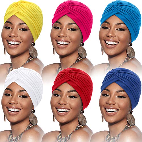 6 Stücke Turban für Frauen Baumwolle Soft Turban Kopfwickel Kopfbedeckung Plissee Mütze Kappe Haarausfall Hut (Weinrot, Blau, Rosenrot, Weiß, Königsblau, Orange) von SATINIOR