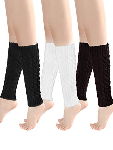 SATINIOR 3 Paar Gestrickte Häkeln Beinlinge Damen Zopfmuster Beinlinge Winter Socke (Schwarz, Weiß und Grau) von SATINIOR