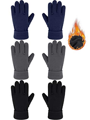 SATINIOR 3 Paar Kinder Winter Fleece Handschuhe Weiche Warme Vollfingerhandschuhe für Jungen und Mädchen (Schwarz, Grau, Marineblau, 8-12 Jahre alt) von SATINIOR