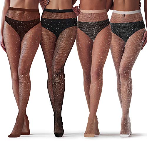 SATINIOR 4 Paar Glitzernde Strass Netzstrümpfe für Damen mit Hoher Taille und Netzstrumpfhose (Schwarz, Beige, Kaffee, Weiß, Fischnetz) von SATINIOR