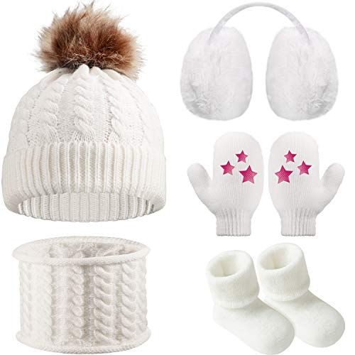 SATINIOR Baby Winter Mütze Schal Kleinkind Ohrenschützer Handschuhe Socken, 5 Stücke Baby Winter Warm Set (Weiß) von SATINIOR
