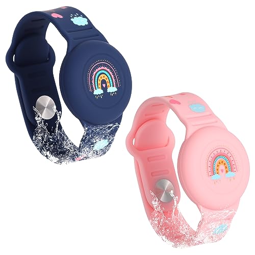 SAVITA 2st Armband für Airtag Kinder, Boho Regenbogenmuster für Airtag Armband Silikon Kleinkinder Ältere Menschen für Airtag Hülle Kinder zum Verstecken des GPS Trackers (Mitternachtsblau, Rosa) von SAVITA