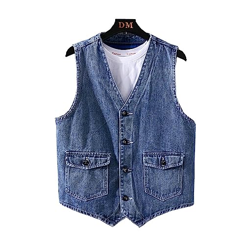 SAWEEZ Herren Jeansweste, Ärmellose Herren-Cowboy-Weste, Locker, Lässig, Denim-Gilet, Blau, Vintage-Waschung, Cargo-Weste, Trendige Sommer-Übergangsjacke, Weste Für Damen Und Herren, XL von SAWEEZ