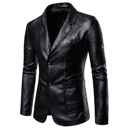 SAWEEZ Lederjacke Herren, Herren Pu Lederjacken, Einfarbig, Kunstleder Blazer, Vintage Knopf Anzugjacke, Bomberjacke, Schmale Passform, Windjacke Für Herbst Und Winter, Schwarz, Xl von SAWEEZ