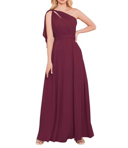 SAYNO Damen One Shoulder Brautjungfernkleid mit Schlitz Lange A-Linie Chiffon Abschlussball Formale Party Kleider mit Taschen, Desert Rose, 50 Plus von SAYNO