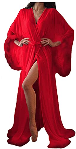 SAYNO Damen Sexy Lange Chiffon Feder Transparent Mesh Ribbon Kimono Robe, Red, 38 von SAYNO