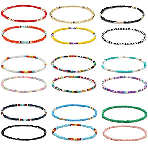 SBSB Handgemachte Perlen Fußkettchen, 18 Stück Bunte Fußkettchen, verstellbares Boho Fußketten Set, Handgemachte Damen Fußkettchen, Bunte Handgemachte Perle Schmuck für Damen und Mädchen von SBSB