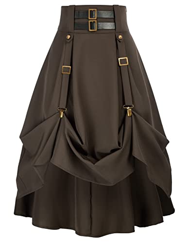 Damen Gothic Steampunk Rock Hohe Taille Stretch Midi A-Linie Rock mit Taschen S-2XL, braun, XX-Large von SCARLET DARKNESS