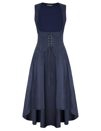 Damen Renaissance Kleid Lace-up vorne Ärmellos U-Ausschnitt A-Linie High-Low Festliches Cocktailkleid Dunkelblau L von SCARLET DARKNESS