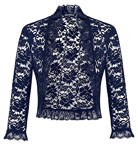 Damen Viktorianischer Festlicher Bolero Kurze Spitzenshrug Vorne Offen Boleros 3/4 Ärmel Cardigen Hochzeit S Dunkelblau von SCARLET DARKNESS