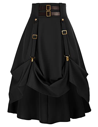 Retro Damen Steampunk A-Linie Knielang Festlich Elegant Hohe Taille Mittelalter Rock Schwarz XL von SCARLET DARKNESS