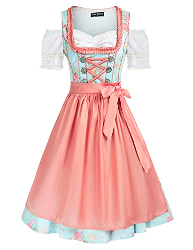 SCARLET DARKNESS Damen 3Tlg Dirndl Kleid Oktoberfest Trachtenkleid Kostüme Tops,Baumwollkleid,Schürze M Rosa und Blaudruck von SCARLET DARKNESS