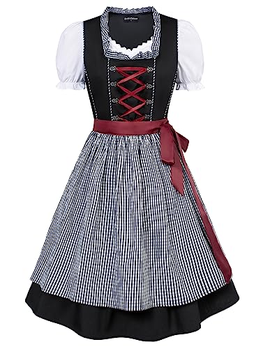 SCARLET DARKNESS Damen 3Tlg Midi Dirndl Kleid Oktoberfest Trachtenkleid Kostüme,Baumwollkleid,Tops,Schürze S Schwarz Weiß Plaid von SCARLET DARKNESS