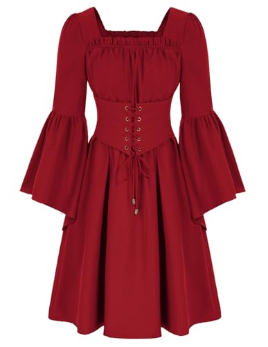 SCARLET DARKNESS Damen Mittelalter Kleider Langarm mit Gürtel Square Ausschnitt Vintage Party Kleid Rot XXL von SCARLET DARKNESS