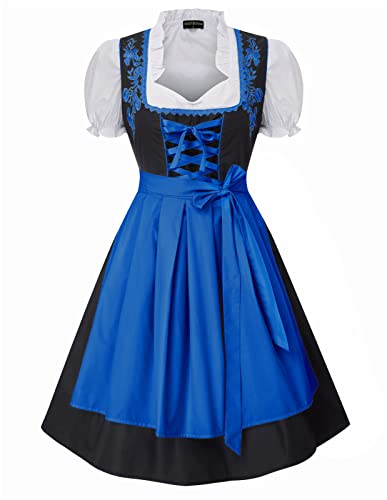 SCARLET DARKNESS Damen Trachtenkleid 3tlg Damen Knielang Dirndl Kleid für Oktoberfest 3tlg Kleid, Bluse, Schürze M Schwarz und Königsblau#2116 von SCARLET DARKNESS