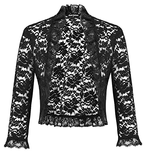 SCARLET DARKNESS Festlicher Bolero Damen Elegante Schulterjacke 3/4 Ärmel Durchsichtige Bolerojacke Blumen Retro Shrug L Schwarz von SCARLET DARKNESS