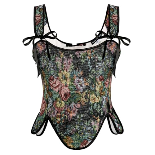 SCARLET DARKNESS Frühling Vintage mit Blumedruck Crop Top Gothic Push-Up mit Reißverschluss Corsage Schwarze Bunte Blume 46 von SCARLET DARKNESS