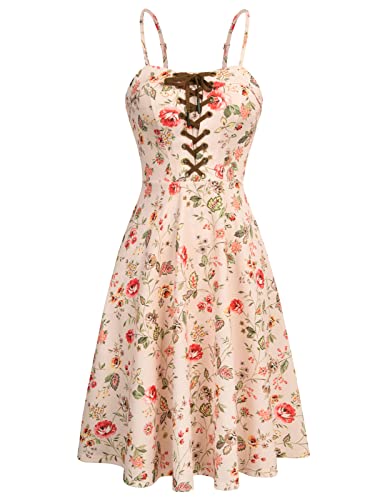 Scarlet Darkness Sommerkleid für Damen, Blumenmuster, 2024, Vintage-Sommerkleid mit Taschen, Beige/Rosa, Blumenmuster, Mittel von SCARLET DARKNESS