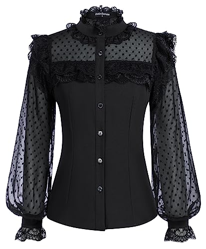 Scarlet Darkness Damen Viktorianische Spitze Tops Polka Dot Button Down Langarmshirt, Schwarz, Mittel von SCARLET DARKNESS