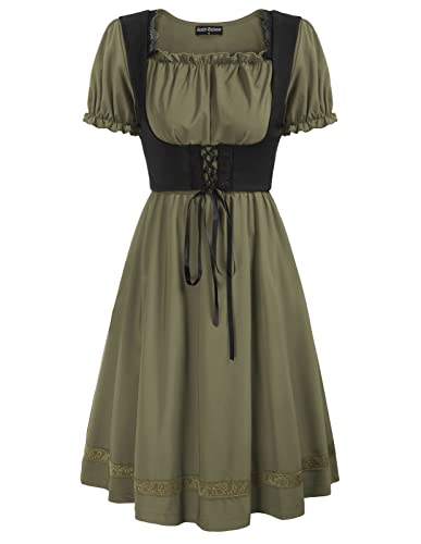 Damen-Sommerkleid, Skaterkleid, quadratischer Ausschnitt, kurze Ärmel, Midi-Kleid mit Gürtel, Armeegrün, Größe L, 172 - Armeegrün, Groß von SCARLET DARKNESS